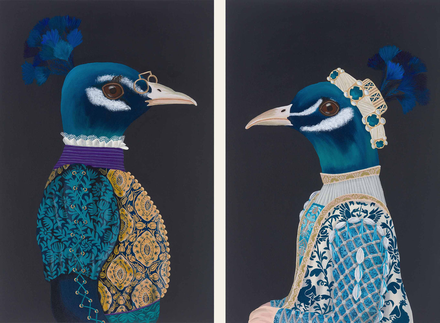 The Vain Optician and The Wheelbearer – Original Medieval Peacock Diptych Painting